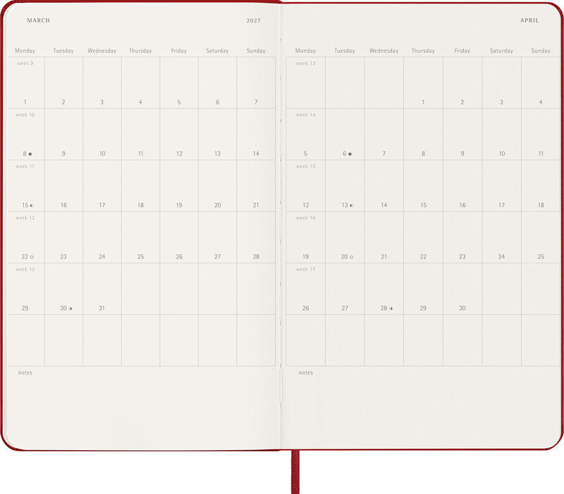Moleskine Wochenagenda – 1 Woche pro Seite, gebunden, 13 × 21 cm, 2027, scharlachrot, FSC
