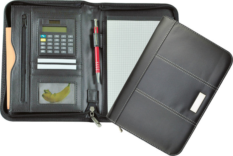 Aventura Schreibmappe für A5, mit Rechner, inkl. Block, Reissverschluss, Kunstleder, schwarz