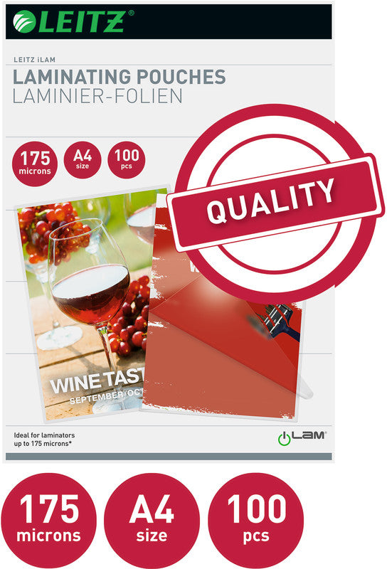 Leitz Laminierfolien A4, glänzend – 175 µm, 216 × 303 mm, 100 Stk.
