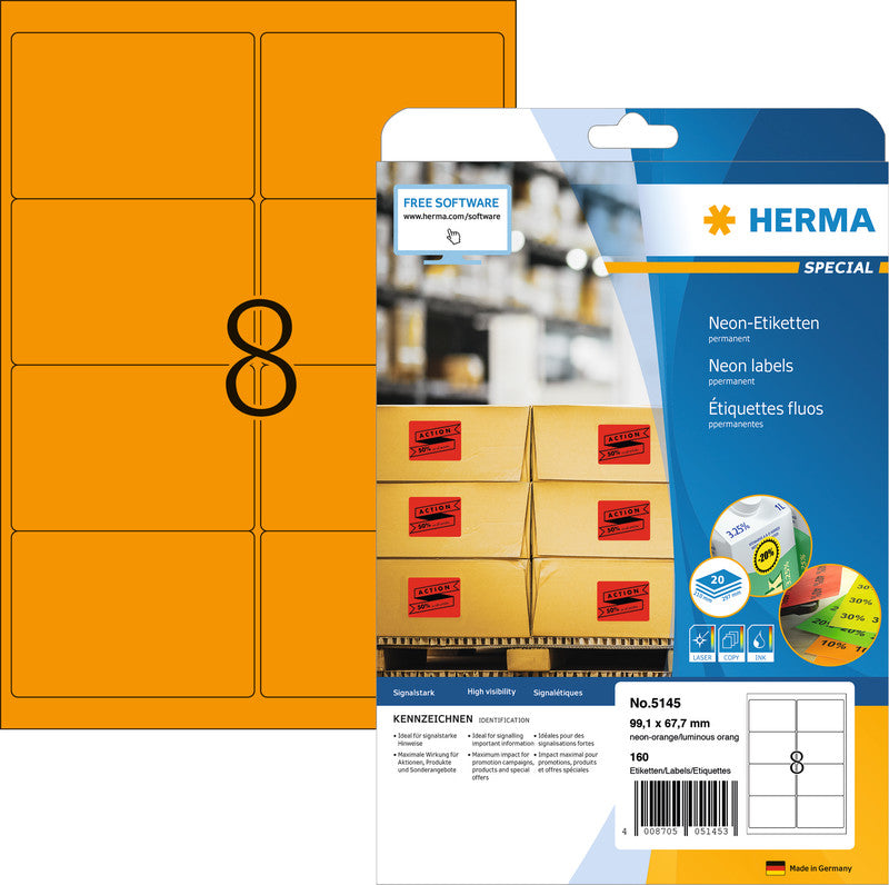 HERMA Druckeretiketten, 99 mm × 68 mm, Neonorange, Papier, permanent, 160 Etiketten