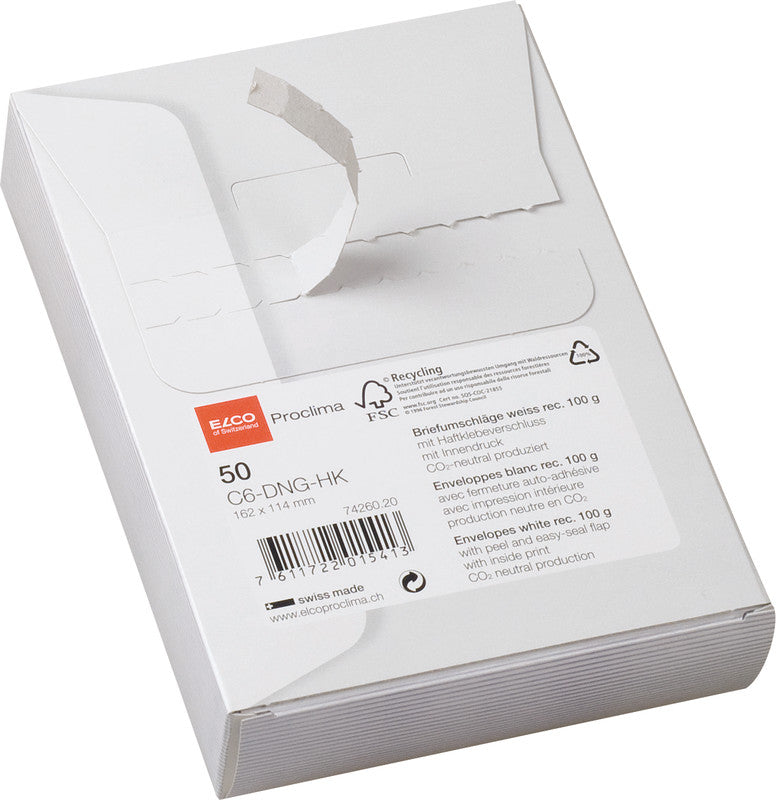 Elco Couvert C6, ohne Fenster, selbstklebend, weiss, 100 g/m², mit Innendruck – 50 Stk.