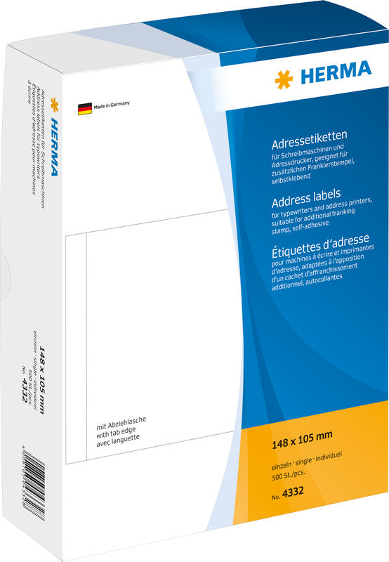 HERMA Adressetiketten, 130 mm × 80 mm, weiss, für Schreibmaschinen und Adressendrucker, 500 Etiketten