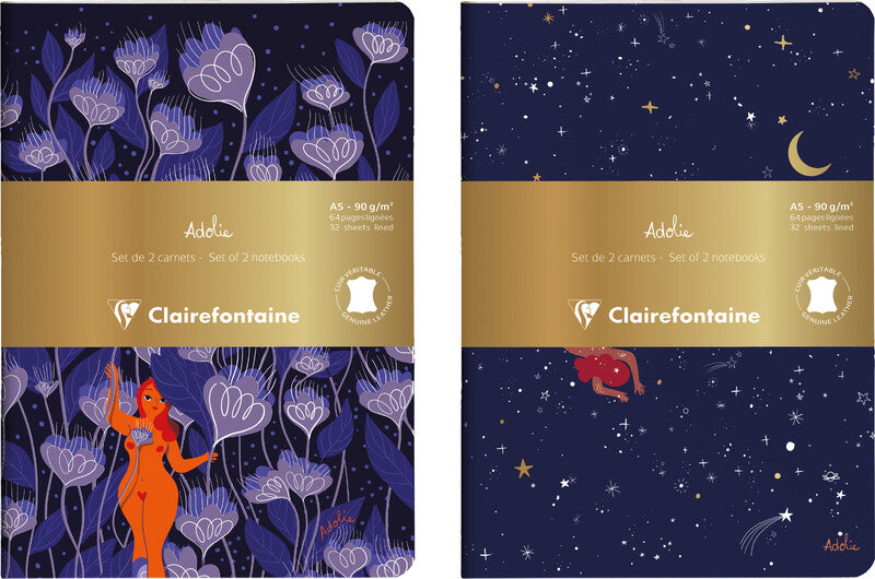 Clairefontaine Notizbuch Adolie, A5, liniert, Fadenheftung, 64 Seiten, 90 g/m² – mehrfarbig, 2er-Pack