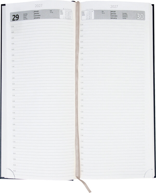 Simplex Agenda – 1 Tag pro Seite, gebunden, 13,5 × 31,5 cm, 2027, 1/2-Stunden-Takt, mehrsprachig, blau, FSC