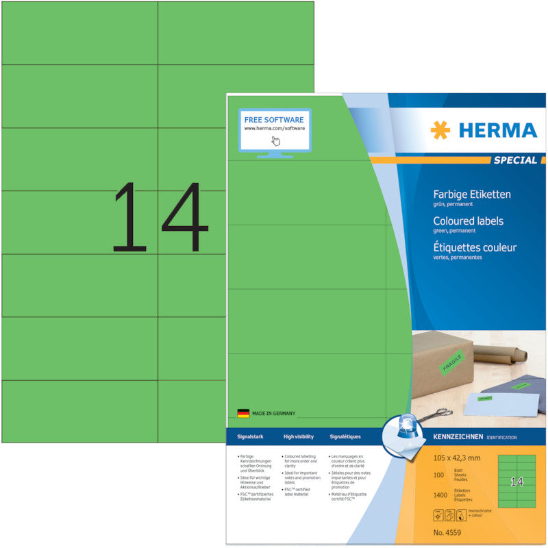 HERMA 4559 – Etiketten A4 105 × 42,3 mm – Papier, matt, grün – permanent haftend – Laser/Inkjet – 14 pro Blatt, 10