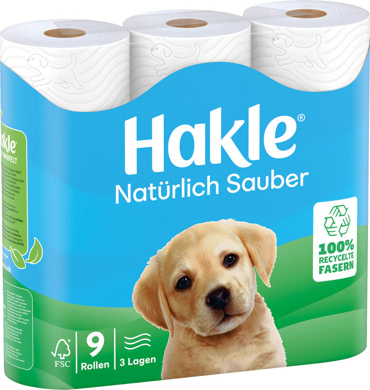 Hakle Toilettenpapier – Recycling, 3-lagig, weiss, chlorfrei, 150 Blatt/Rolle – 9 Rollen