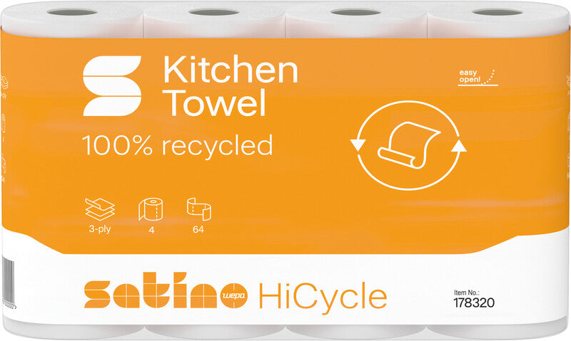 Satino hicycle Haushaltspapier – 3-lagig, Weiss, Papier – 260 × 220 mm – Rolle 64 Blatt – Pack 4 Rollen