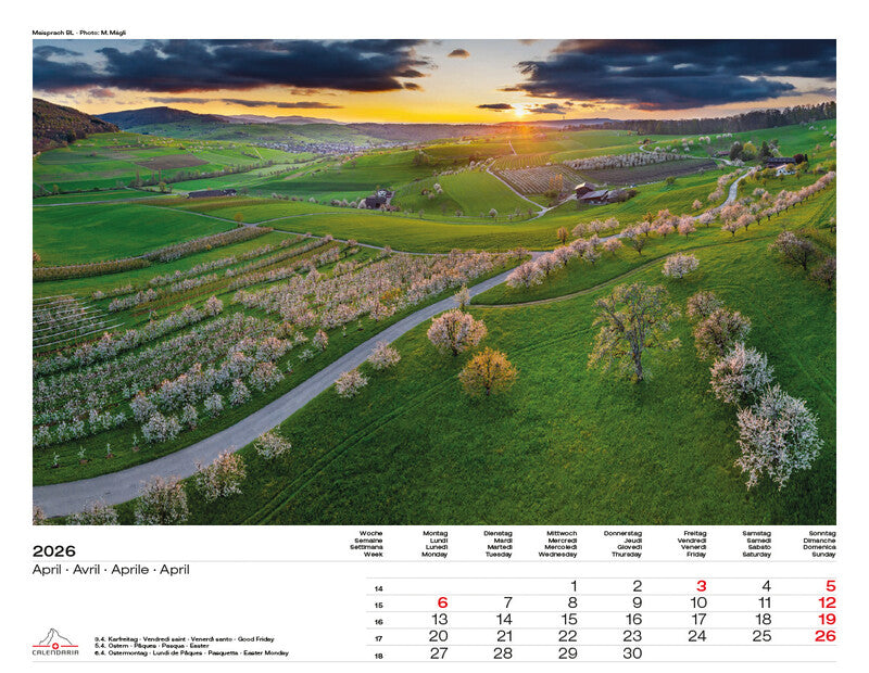 Calendaria Bildkalender Swiss Panorama 2026 – 40 × 31 cm – mit Aufhänger, mit Kartonrückwand