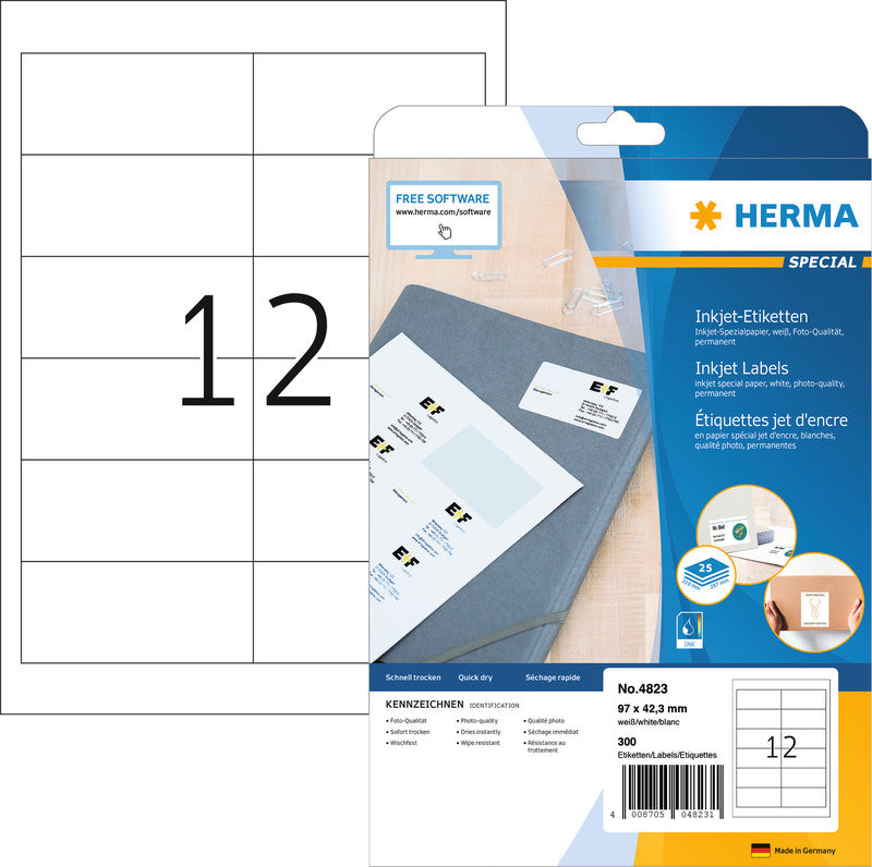 HERMA Druckeretiketten, 97 mm × 42 mm, weiss, Papier, permanent, 300 Etiketten (25 Blatt)