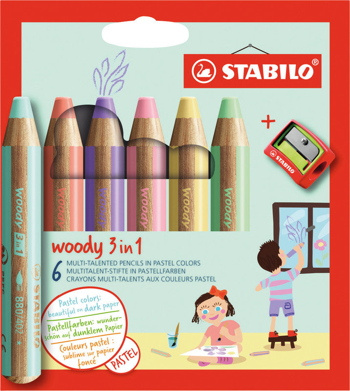 STABILO 3-in-1 Farbstifte woody – 6 Pastellfarben, im Kartonetui, mit Spitzer, Ø 4,2 mm, PEFC