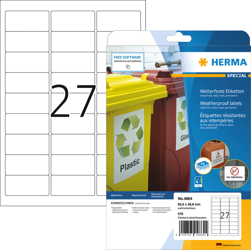HERMA Druckeretiketten, 64 mm × 30 mm, weiss, Folie, extra stark, 270 Etiketten (10 Blatt)