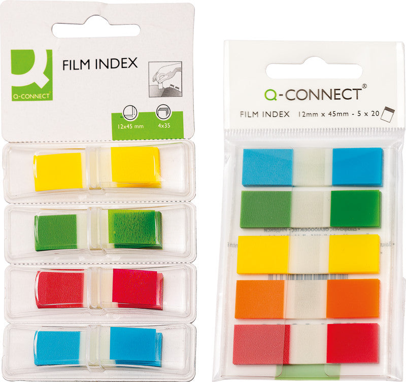 Q-Connect Indexstreifen – 12×43 mm – sortiert, 5×20 Stück, mit Dispenser, Kunststoff, recyclingfähig