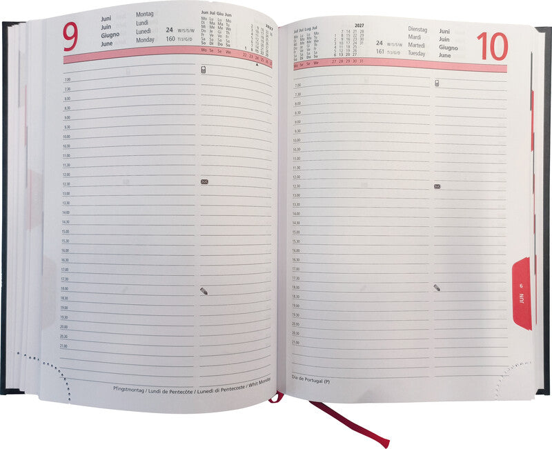 Biella Registra Agenda – 1 Tag/Seite, gebunden, 14,5 × 20,5 cm, 2026, 1/2-Stunden-Takt, schwarz, FSC