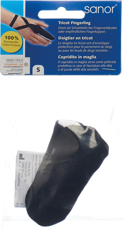 Sanor Fingerverband Fingerlinge Tricot – hautverträglich, schwarz, Baumwolle, für Finger, 140 × 55 mm, 6 Stk.