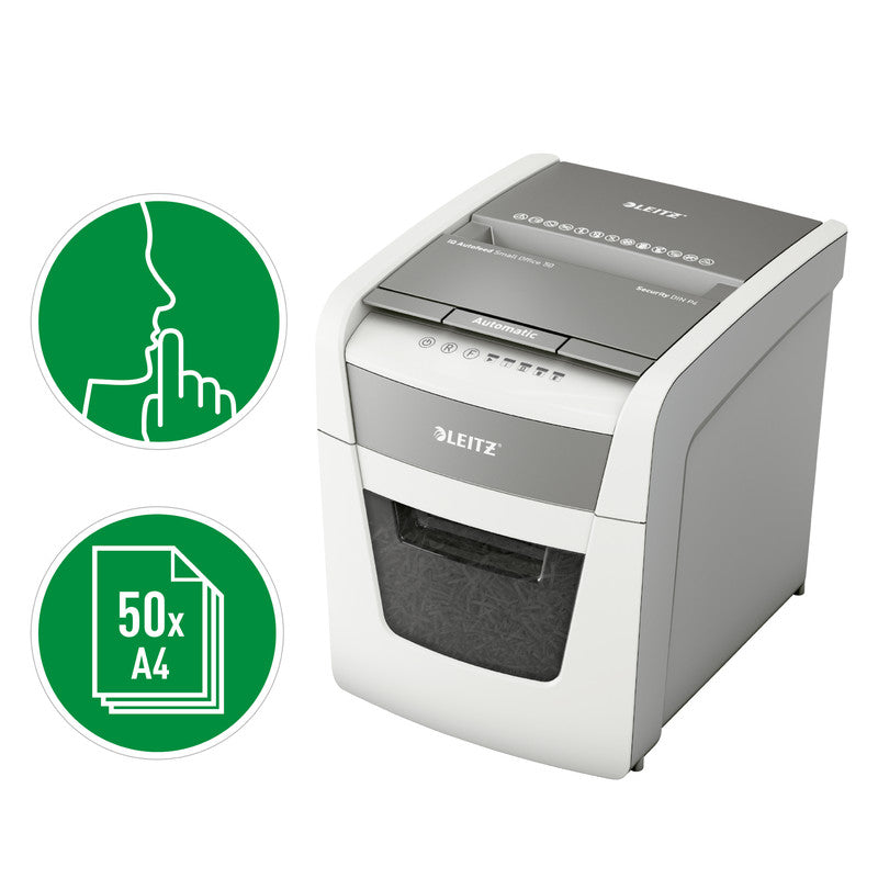 Leitz IQ Autofeed 50 – Aktenvernichter mit Autofeed 50 Blatt, DIN P-4, Partikelschnitt 4 × 28 mm, 6 Blatt, 20