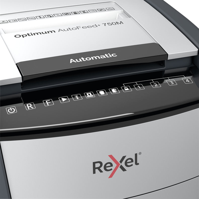 Rexel Optimum AutoFeed+ 750M – Aktenvernichter mit Autofeed 750 Blatt, DIN P-5, Mikroschnitt 2 × 15 mm, 140 l