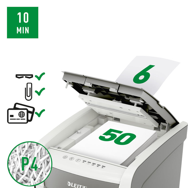 Leitz IQ Autofeed 50 – Aktenvernichter mit Autofeed 50 Blatt, DIN P-4, Partikelschnitt 4 × 28 mm, 6 Blatt, 20