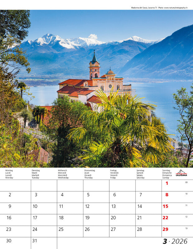 Calendaria Bildkalender Berge und Täler der Schweiz 2026 – 30 × 40 cm – mit Tagesfeldern, mit Aufhänger
