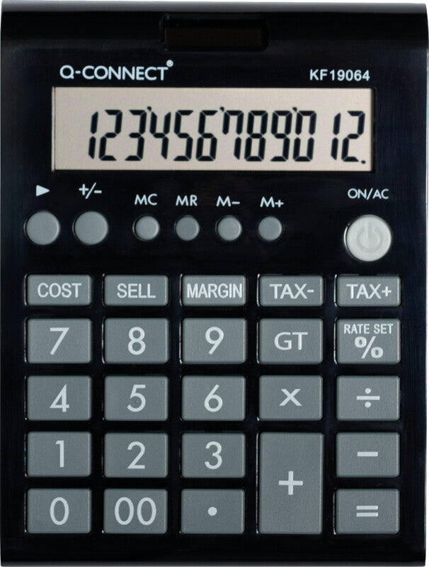 Q-connect Tischrechner KF19064 – 12-stellig, LCD, Steuer/Margen, Solar + Batterie, 104×138×25 mm