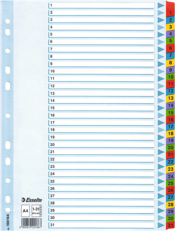 Esselte Register – für A4, Karton, 1–31, 31-teilig, mehrfarbig, 11-fach