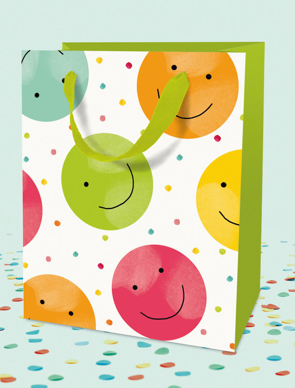 Braun + Company Tragetasche – Happy Smileys – Papier, teillackiert, matt, mit Ripsband – 180 × 210 × 80 mm