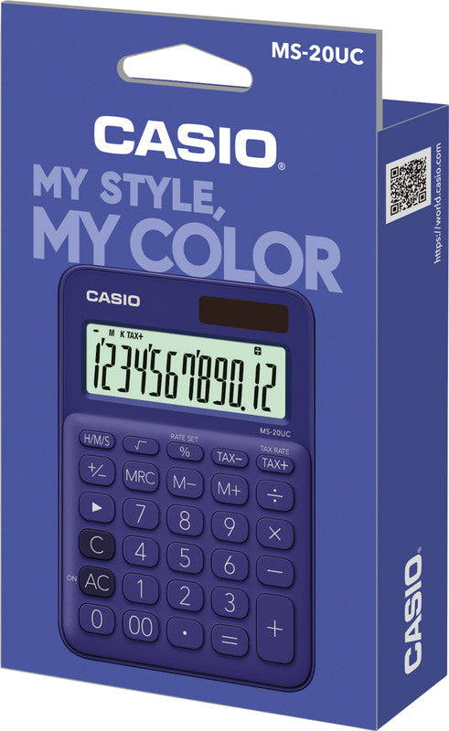 Casio Tischrechner MS-20UC – 12-stellig, Prozent/Währung, Solar + Batterie, Violett, 105×150×23 mm