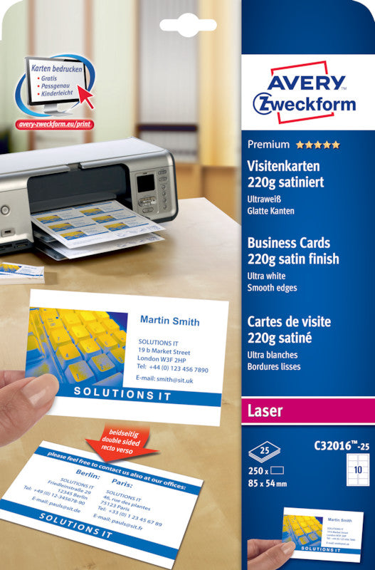 Avery Visitenkarten, 85 × 54 mm – A4, 10 pro Blatt – 100 Karten – FSC-zertifiziert, beidseitig bedruckbar