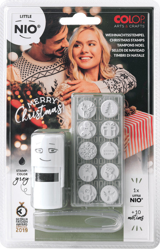 Colop Little NIO Rundstempel – Weihnachten, selbstfärbend, 10 Motive, Ø 17 mm, Kissen grau, Englisch