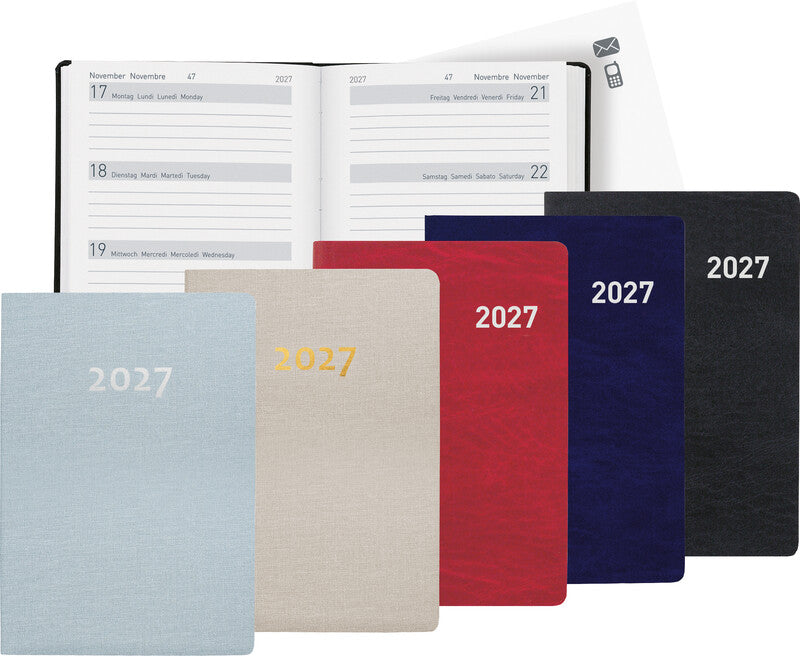 Biella Memento Agenda – 1 Woche/2 Seiten, gebunden, 10,1 × 14,2 cm, 2027, Schwarz, FSC