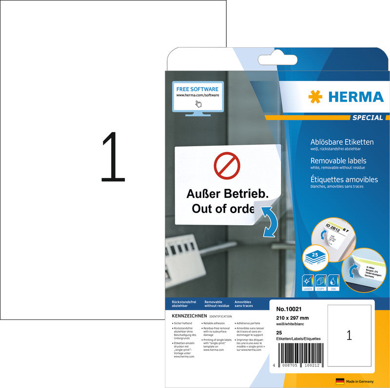 HERMA Drucketiketten, 210 mm × 297 mm, weiss, Papier, ablösbar, 25 Blatt