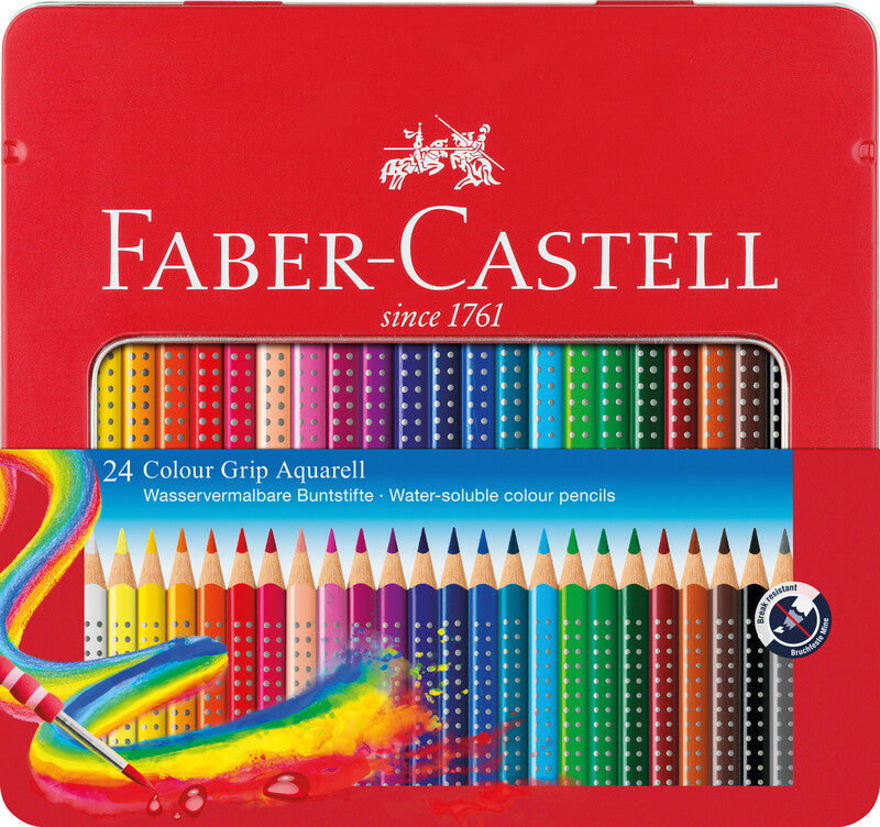 Faber-Castell Colour Grip Aquarellfarbstifte – 24 Farben, ergonomisch, waschbar, Metallschachtel