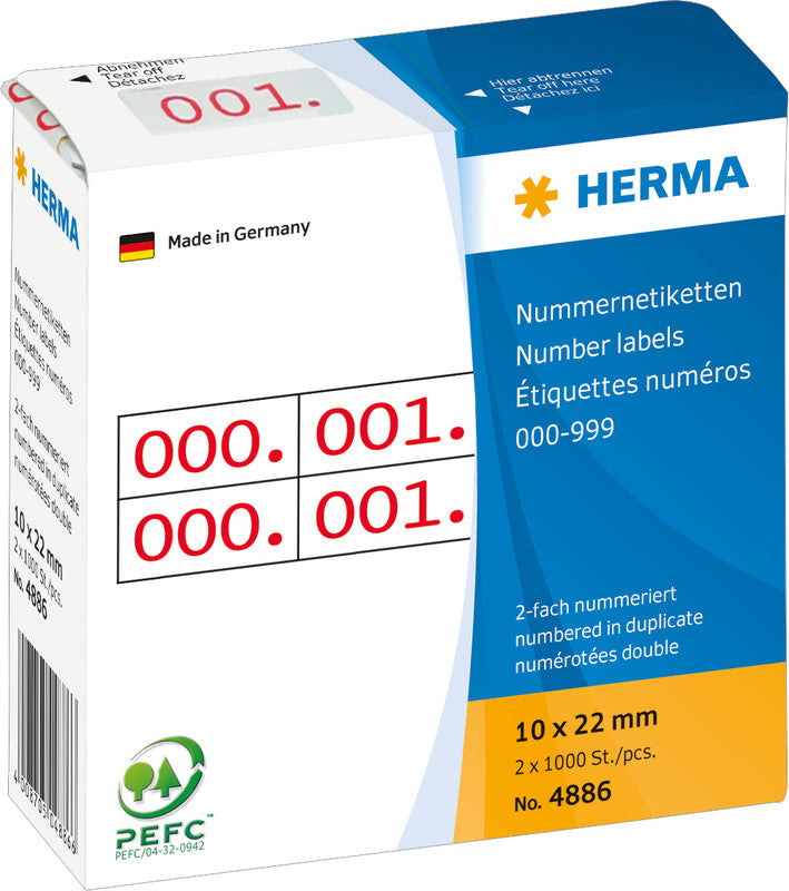 HERMA Nummernetiketten – rechteckig 10 × 22 mm, permanent, weiss mit roter Schrift, 2 Rollen (2'000 Stk.)