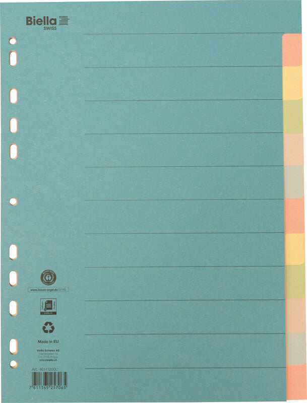 Biella Register – A4, 12-teilig, Karton, farbig, unbedruckt, mit Indexblatt, 11-fach Lochung