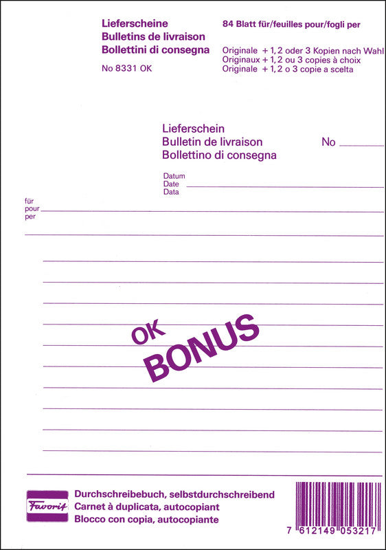 Favorit Formularblock – Lieferscheine, mehrsprachig, 84 Blatt, A5