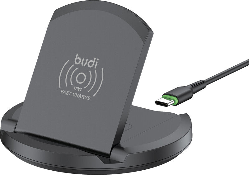 Budi Wireless Fast Charger 2-in-1 Ladeständer – 15 W/2,5 W – faltbar – für Smartphone und AirPods – Schwarz