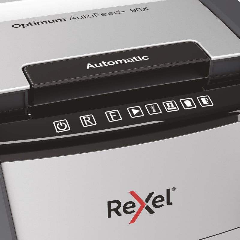 Rexel Optimum AutoFeed+ 90X – Aktenvernichter mit Autofeed 90 Blatt, DIN P-4, Partikelschnitt 4 × 28 mm, 34 l