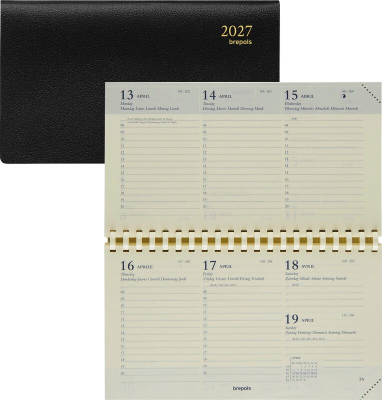 Brepols Omniplan 738 Agenda – 1 Woche/2 Seiten, Spiralbindung, 16 × 9 cm, Jan–Dez, 2027, Schwarz, FSC