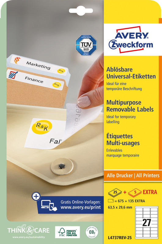 Avery Etiketten auf Bogen, 64 mm × 30 mm, weiss, Papier, wiederablösbar, 810 Etiketten (30 Blatt)