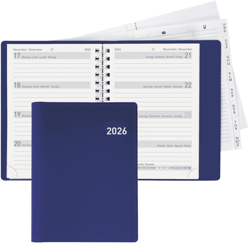 Biella Memento Agenda – 1 Woche/2 Seiten, Wire-O, 10,1 × 14,2 cm, 2026, mehrsprachig, dunkelblau, FSC