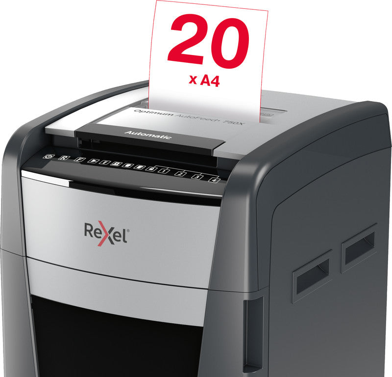 Rexel Optimum AutoFeed+ 750X – Aktenvernichter mit Autofeed 750 Blatt, DIN P-4, Partikelschnitt 4 × 30 mm, 140