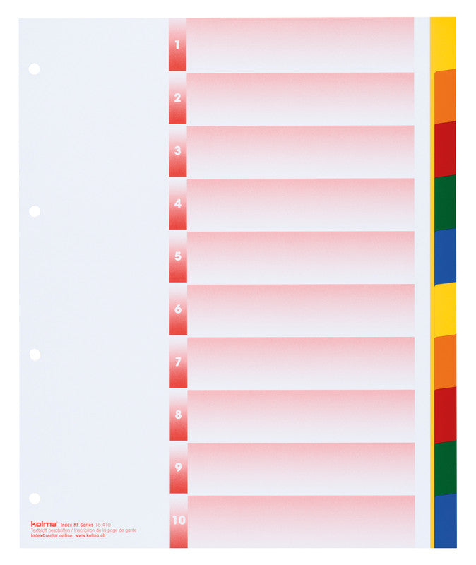 KolmaFlex XL Register – A4, 10-teilig, PP, farbig, unbedruckt, mit Indexblatt, 4-fach gelocht, für A4