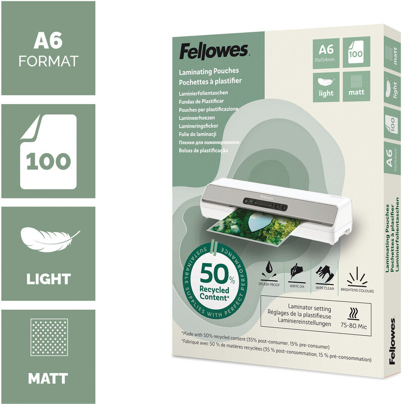 Fellowes Laminierfolien A6 – 80 µm, matt, 100 Stück