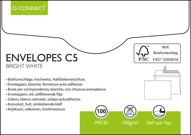 Q-CONNECT Couvert C5, ohne Fenster, selbstklebend, weiss, 100 g/m², mit Innendruck – 100 Stk.