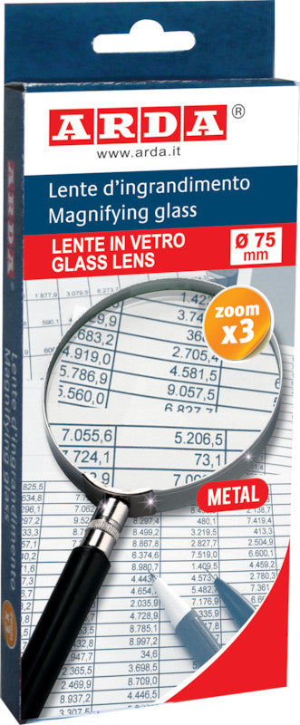 Arda – Handlupe – 3× – Ø 75 mm, ergonomischer Griff, Metallfassung, schwarz
