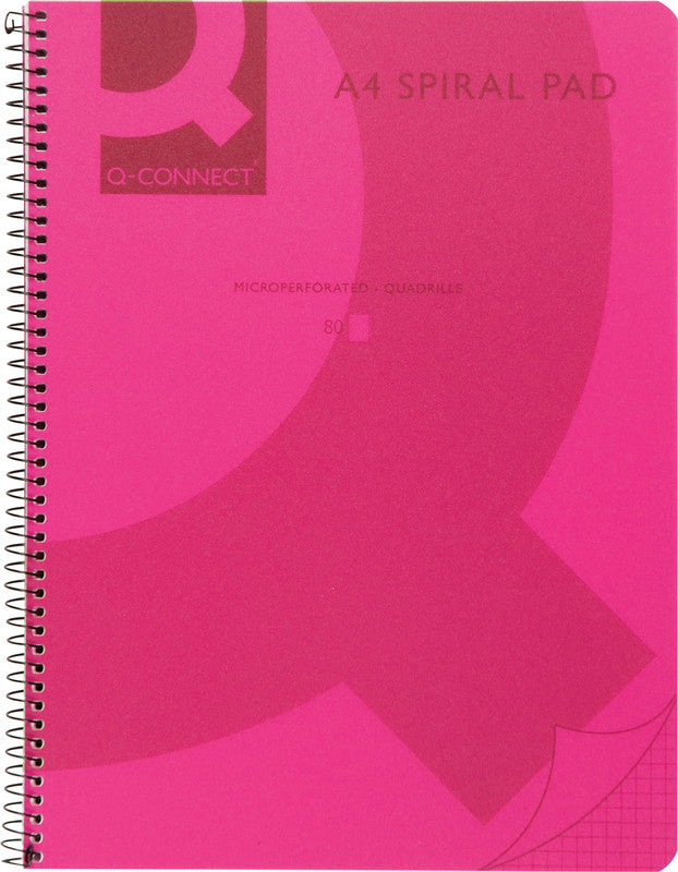 Q-connect Spiralheft A4, kariert, Spiralbindung, 80 Blatt, mikroperforiert, 70 g/m² – pink