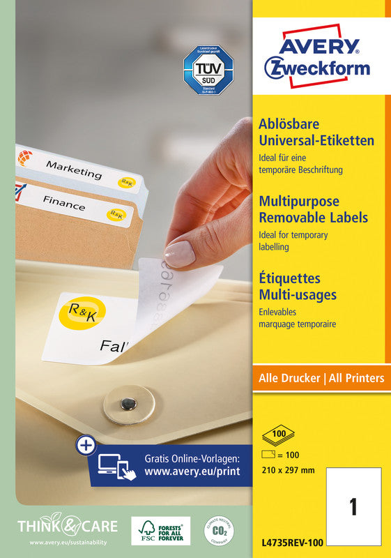 Avery Druckeretiketten, 210 mm × 297 mm, weiss, Papier, wiederablösbar, 100 Blatt