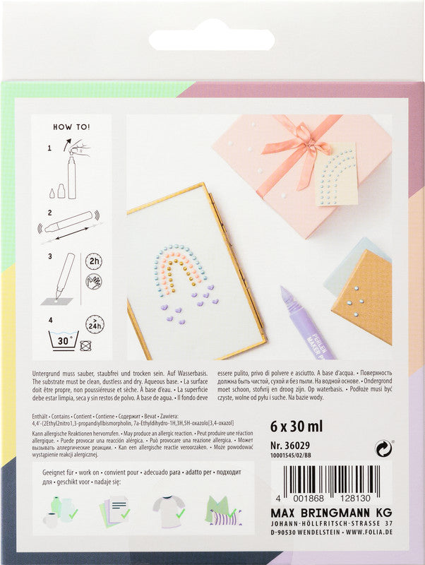Folia Perlenstifte – Set – 6 Farben, 3D Perlenoptik, 6 × 30 ml
