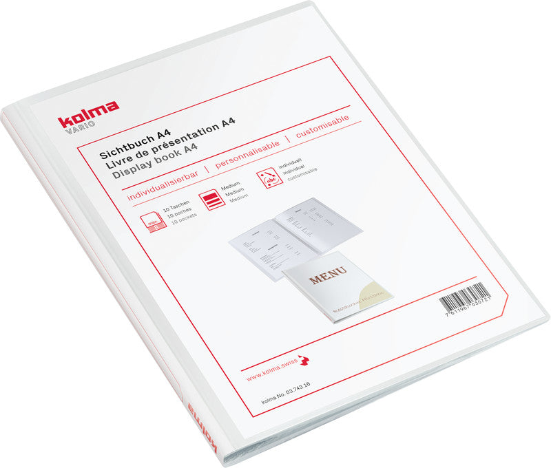Kolma Sichtbuch – 10 Sichttaschen, A4, mit Fronttasche, glatt, glänzend, weiss, Kunststoff