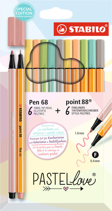 STABILO Pen 68 & Point 88 Pastellove Fasermaler & Fineliner Etui – 12 Stk., 0,4–1 mm, Cap-Off (24 h)