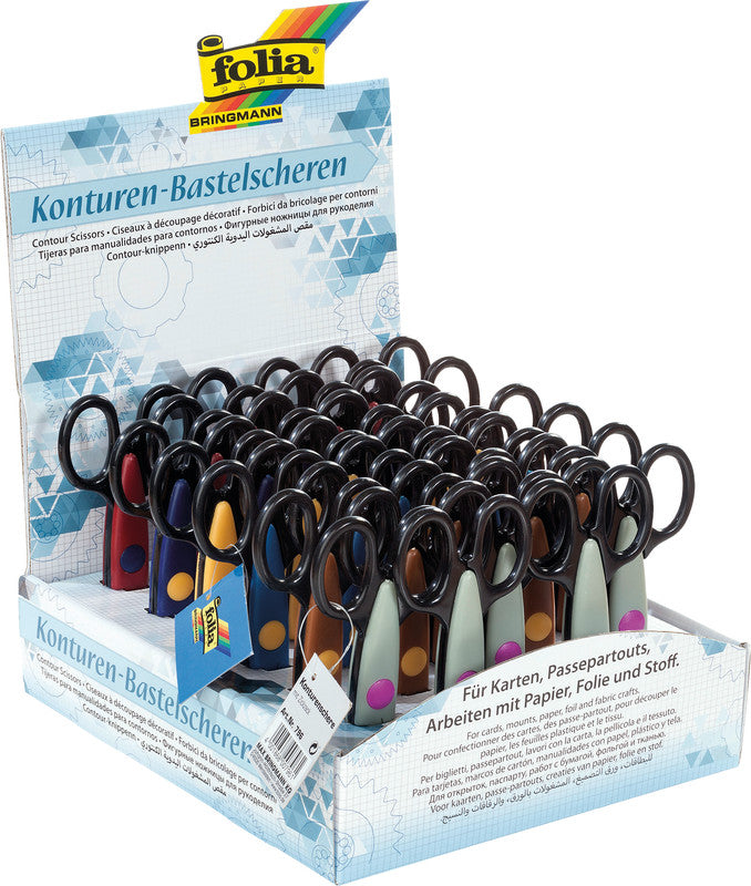 Folia Konturenschere – 14,5 cm, Edelstahl, für Rechts- und Linkshänder, abgerundet, Kunststoff, farbig sortiert
